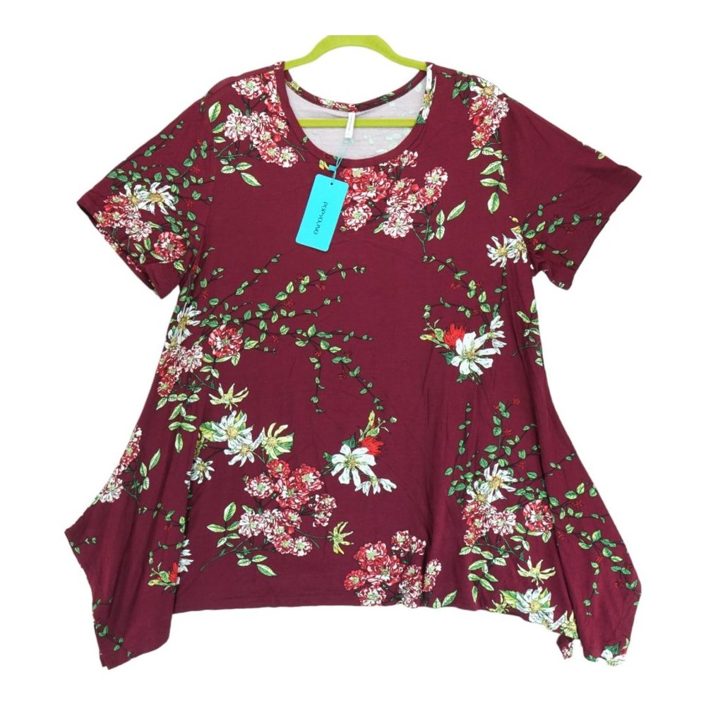 NWT PopYoung Red Burgundy Floral Tunic Top Plus Size 3XL Irregular Hem